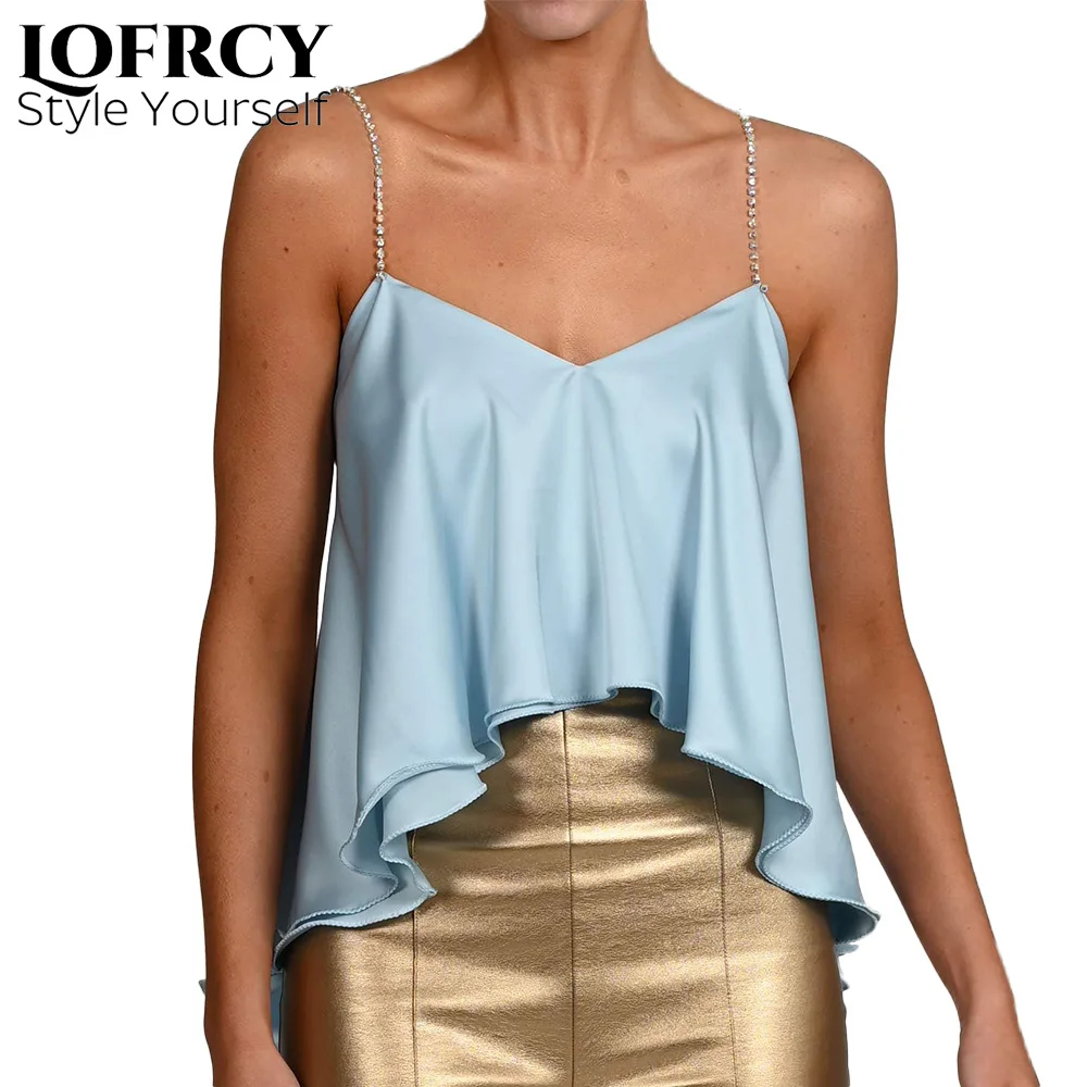 

Lofrcy винтажные обтягивающие Стразы с оборками на тонких бретельках с кристаллами нестандартный Атласный топ для отдыха женская уличная оде...