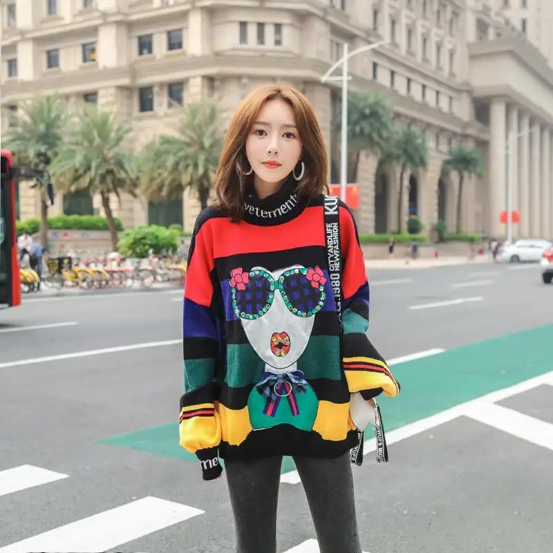 

New cartoon high neck Rainbow Stripe loose knit