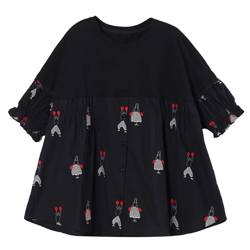 

IEQJ Women White Cozy Casual Embroidery Spliced Printed T-shirt New Round Neck Half Sleeve Fashion Tide Summer 2021 3F0143