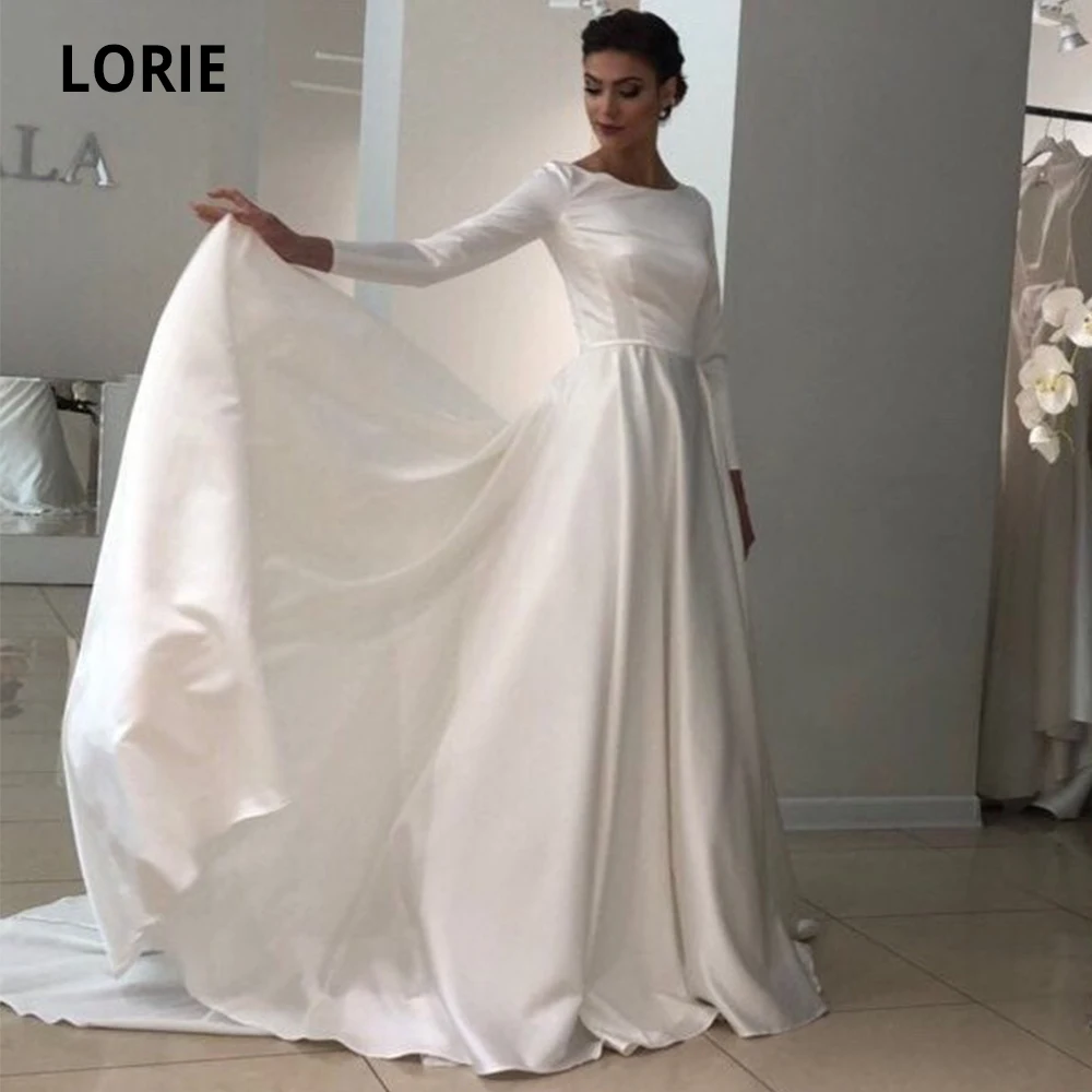 

LORIE Long Sleeve Satin Wedding Dresses 2019 Simple O-neck A-line Withe ivory Bridal Gowns with Long Train Plus Size