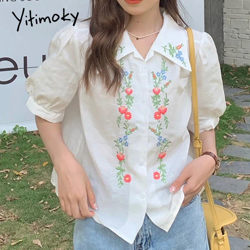 

Блузка Yitimoky женская с цветочной вышивкой, с пуговицами, с пышными рукавами, с отложным воротником, одноцветная, в Корейском стиле, винтажная,...