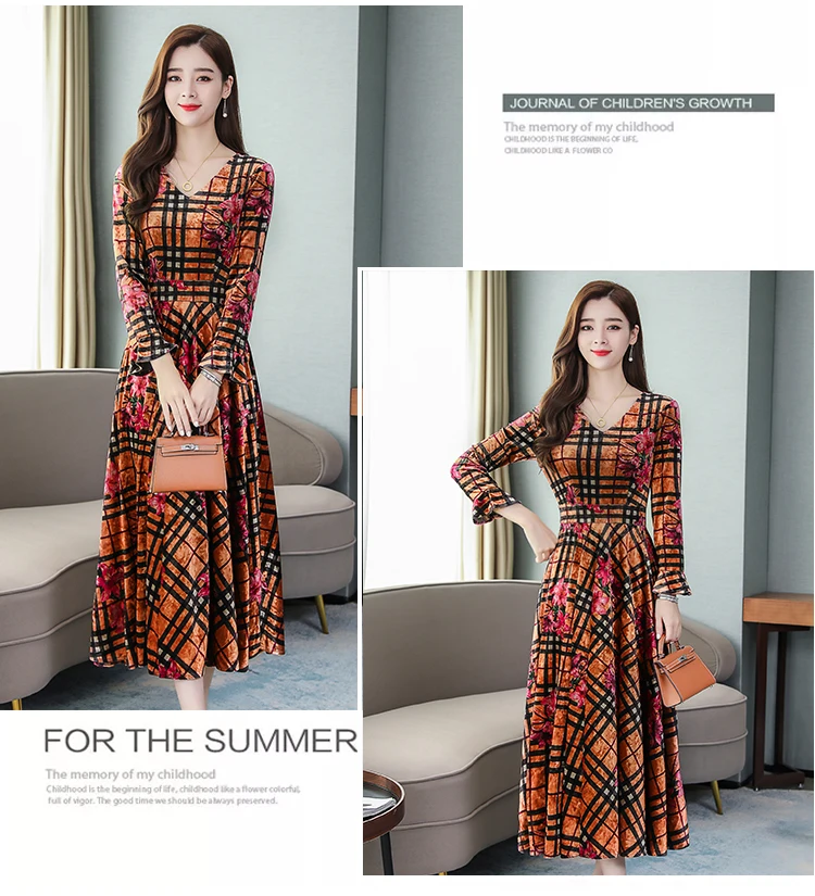 Vintage Floral Velvet Maxi Dresses Autumn Winter 3XL Plus Size Long Sleeve Midi Dress Elegant Women Bodycon Party Vestidos
