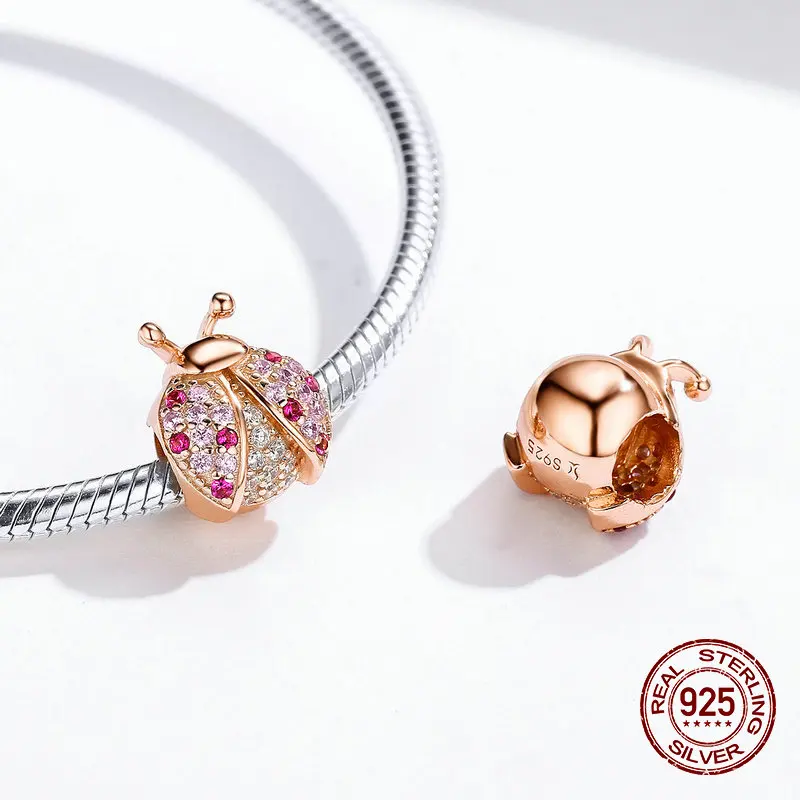 Fit Pandora браслет Шарм розовый циркон бусины «божья коровка» 925 стерлингового серебра Женщина Подвеска для изготовления ожерелья Лидер продаж