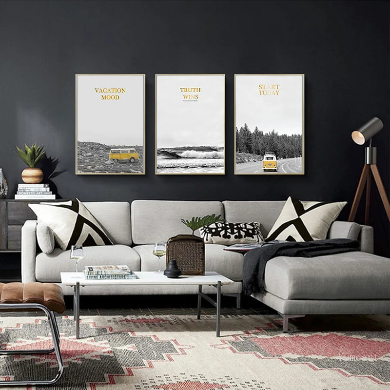 Современный плакат с желтым автобусом и лодкой морской принты черный белый