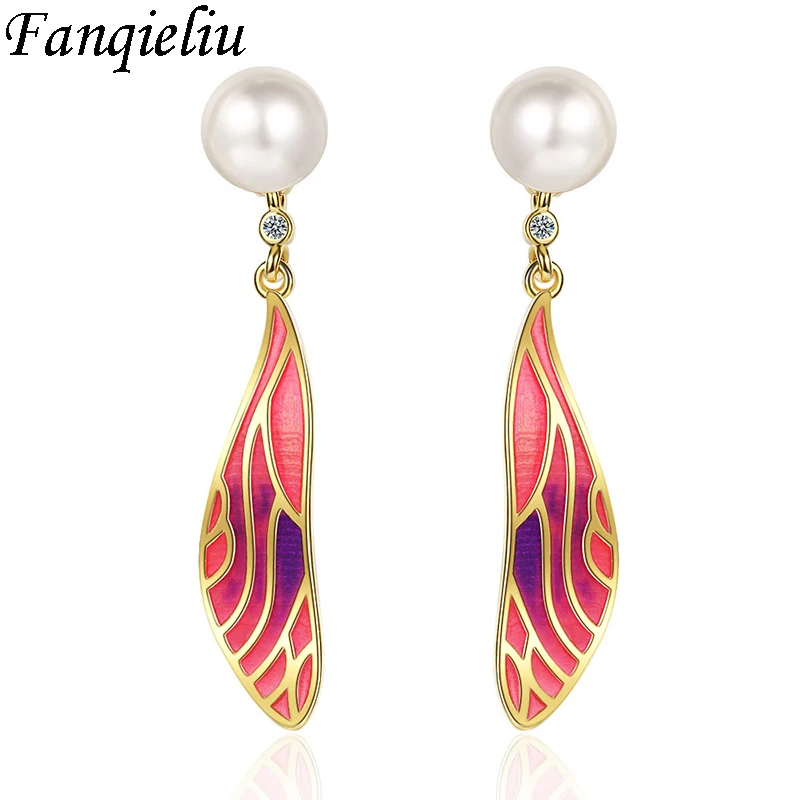 

Fanqieliu Gold Color Vintage Wings Pearl Dangle 925 Sterling Silver Drop Earrings For Women FQL21008