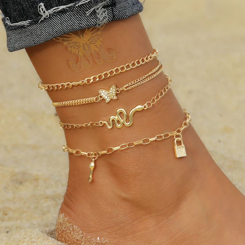 

Ножные браслеты Vienkim Многослойные в стиле панк для женщин, анклеты на ногу со змеиным замком, с бабочками и ракушками, пляжные украшения, 2021