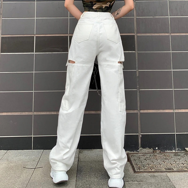 

2020 New Women's Jeans Fashion Hollow Out White/green/Black Streetwear High Waist Button Denim Pants Harajuku Cargo Trousers K60