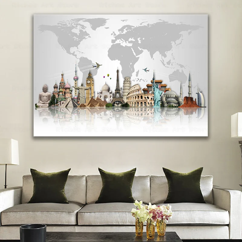 

World Famous Building Posters and Prints Wall Art World Tourist Attraction Map Modern Canvas Paintings Art Pictures Home Decor