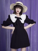 fashion women peter pan collar puff sleeve dress cute retro gothic black white dresses casual slim 2021 korean sweet school girl