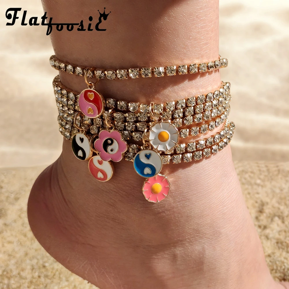 

Flatfoosie Boho Yin Yang Flowers Crystal Anklets For Women Bling Rhinestone Summer Beach Ankle Bracelet Foot Leg Chain Jewelry