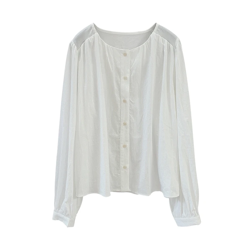 

Autumn Winter New Round Neck Pleated Lantern Sleeve Lady Tops Elegant Simple Solid Cotton Blouse White Blouse Blusas Mujer 12325