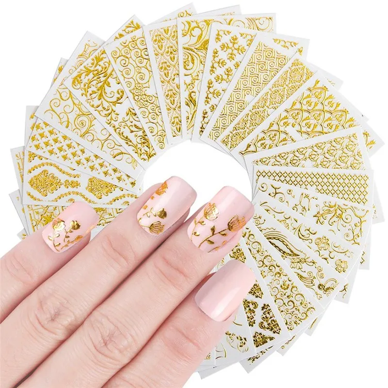 

20Sheets Gold 3d Nail Art Stickers Hollow Decals Mixed Designs Adhesive Flower Nail Tips Decorations Salon Accessory
