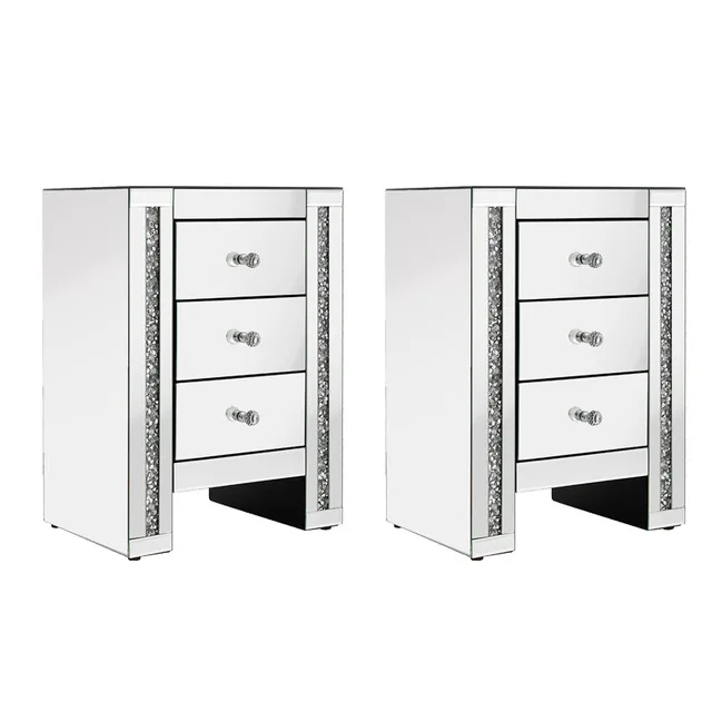 

Bedroom Furniture Sparkly Mirrored Crushed Crystal 3 Drawer Bedside Cabinet Table Chest of Drawers Family Gifts