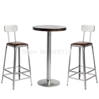 iron solid wood high foot square stool household back bar chair simple bar reception table and chair