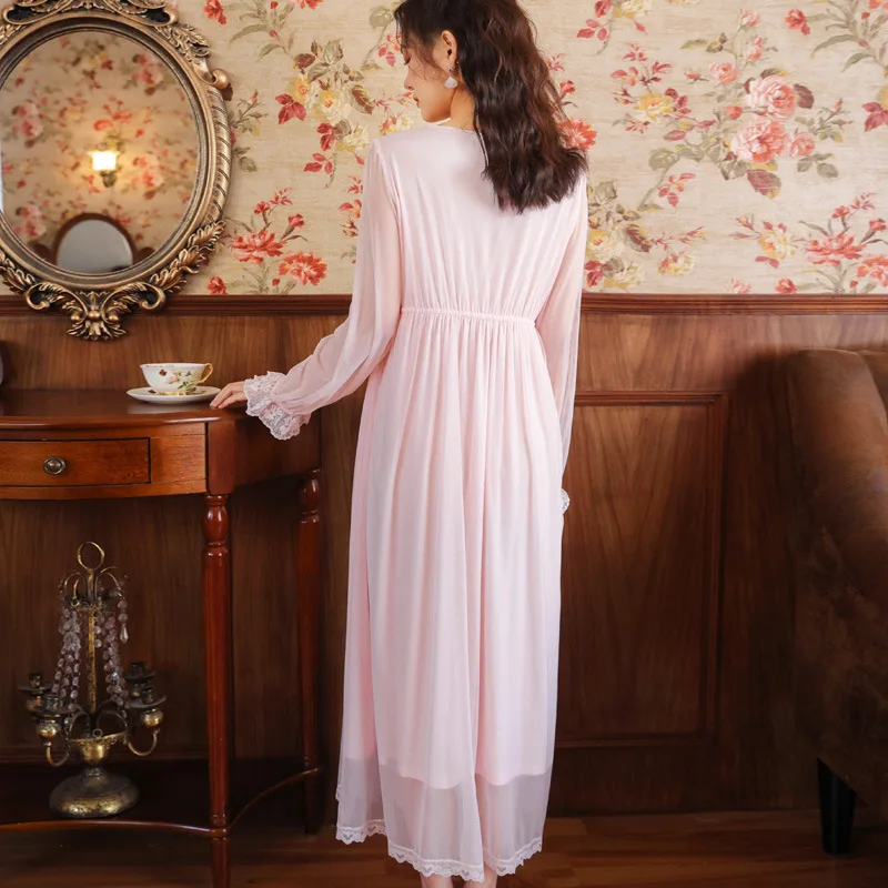 

Long sleeve nightdress lady Spring Court wind Princess lace mesh long style wear modal pajamas
