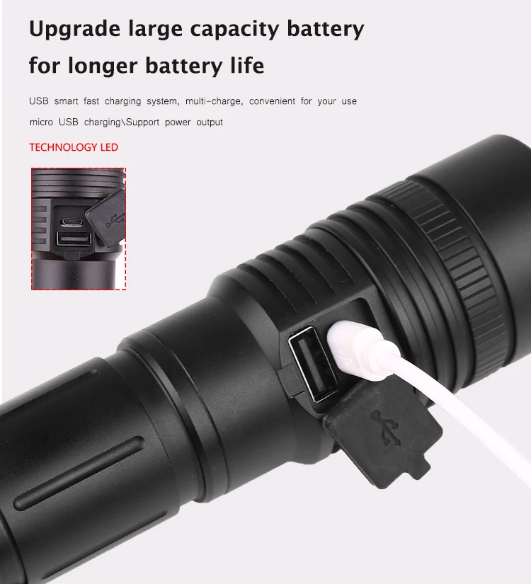 LED Flashlight XHP50.2 Powerful Flashlight USB Rechargeable Torch Zoom LED Torch Waterproof Flashlight by 18650 Battery