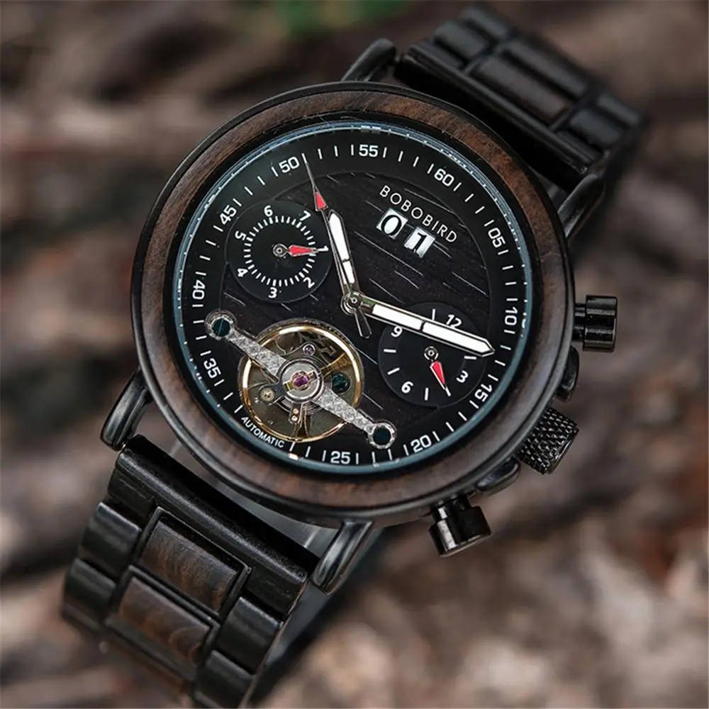 часы мужские Watches Men BOBO BIRD Wooden Automatic Mechanical Wristwatch Top Luxury Fashion Luminous Hands Chronograph GIft Box