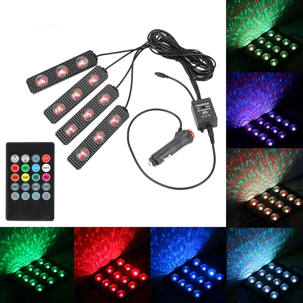 

USB Cigarette lighter RGB LED Bulb Car Interior Foot Light LED Strip Atmosphere Lamp Music voice control 4Pcs/set