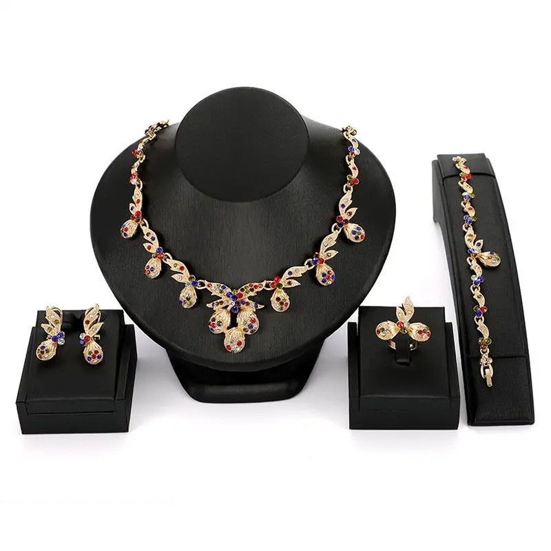 

European And American Fashion Creative Necklace Earrings Jewelry Set Seven-color Crystal Four-piece Jewelry