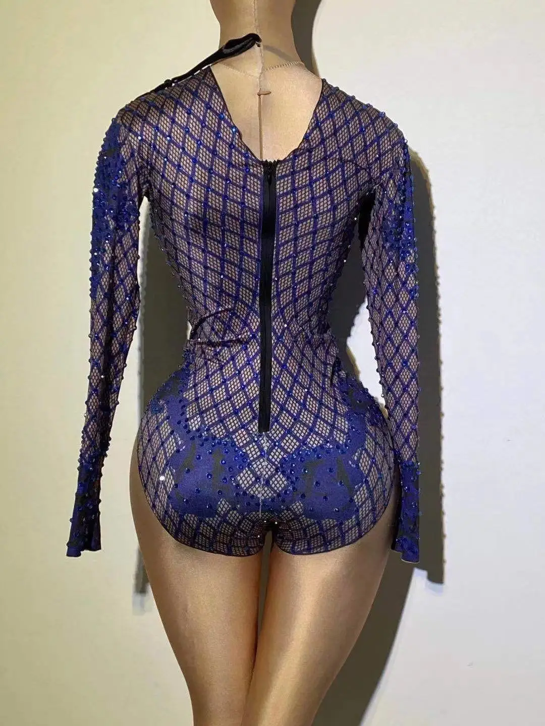 

Vintage Printed Blue Rhinestones Bodysuit Long Sleeve Skinny Acrobatic Performance Leotard Bar Nightclub DJ Pole Dancing Costume