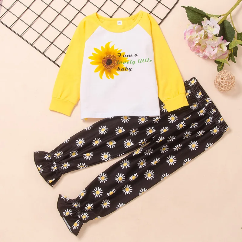 

Fall Kids Clothes Girl 2pcs Set Letter Chrysanthemum Patchwork Long Sleeve Tops+Daisy Print Trousers Toddler Girl Clothes 1-6Y