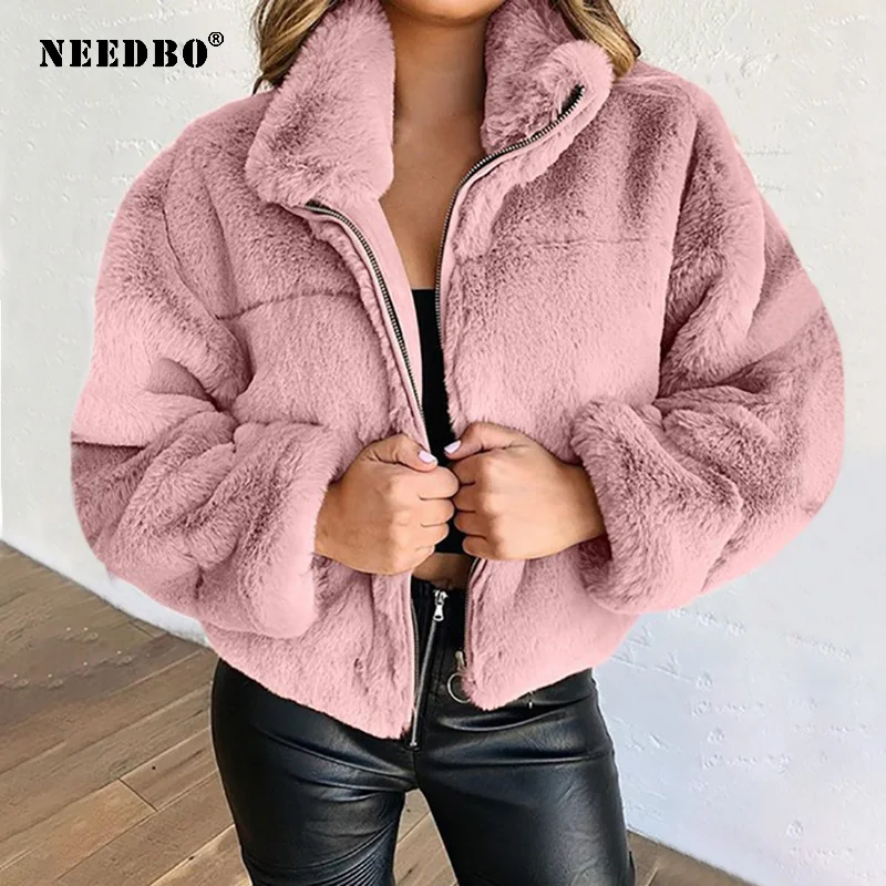 NEEDBO New Faux Fur Women Coat High Waist Fashion Faux Fur Loose Jacket Fake Rabbit Fur Coats Warm Outerwear Plus Size Overcoat