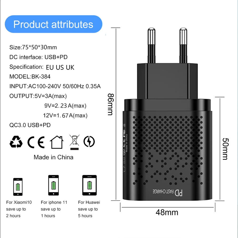 Зарядное устройство с двумя портами USB Type-C PD3.0 QC 3 0 для Xiaomi iPhone X XR 11 12 Samsung A70 ZTE |