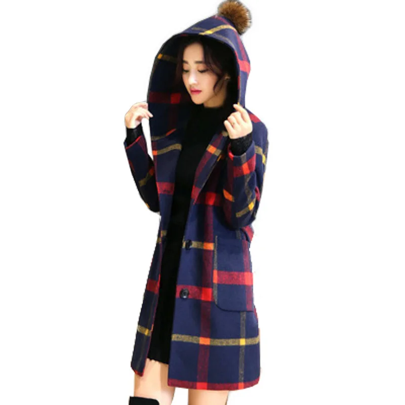 

Autumn and winter 2020 new British college wind coat woolen coat women's Plaid medium length Hooded Sweater