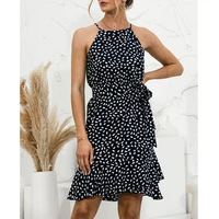 2021 women polka dot print sexy halter mini dress boho beach ruffle sleeveless summer casual sashes short dresses