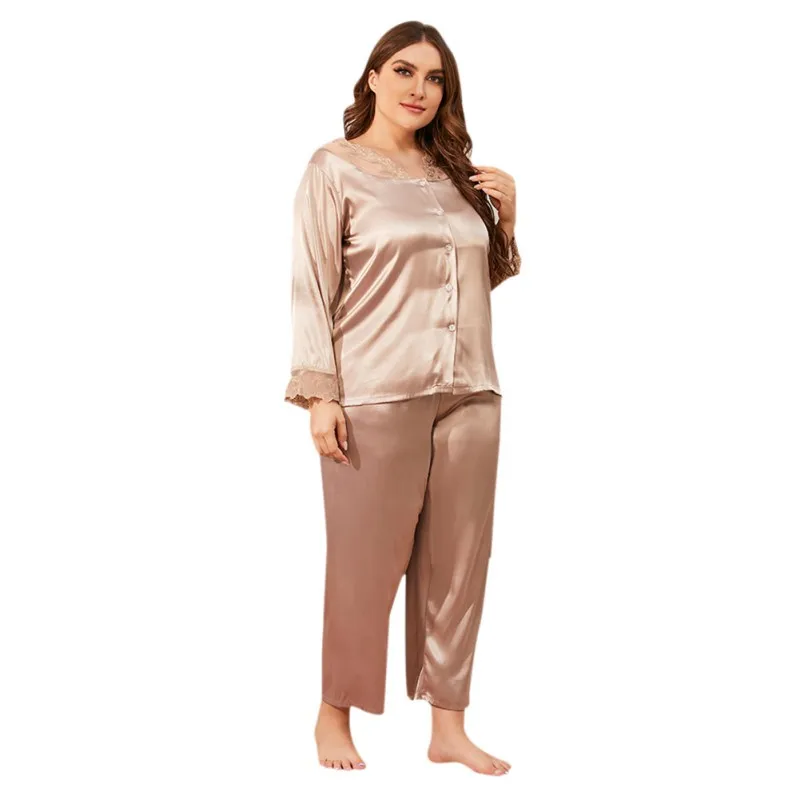 

Ladies Plus Size Silk-like Pajamas Suit Casual Cardigan Pants Sleepwear Two Pieces Set Home Service