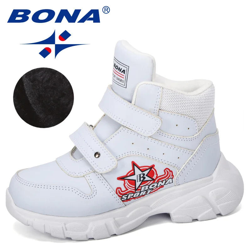 White BONA новые дизайнерские детские ботинки для снежной погоды, детская спортивная обувь для мальчиков, Сникеры, модная застежка «липучка» детские теплые ботинки с высокими берцами; удобные - Цвет: White