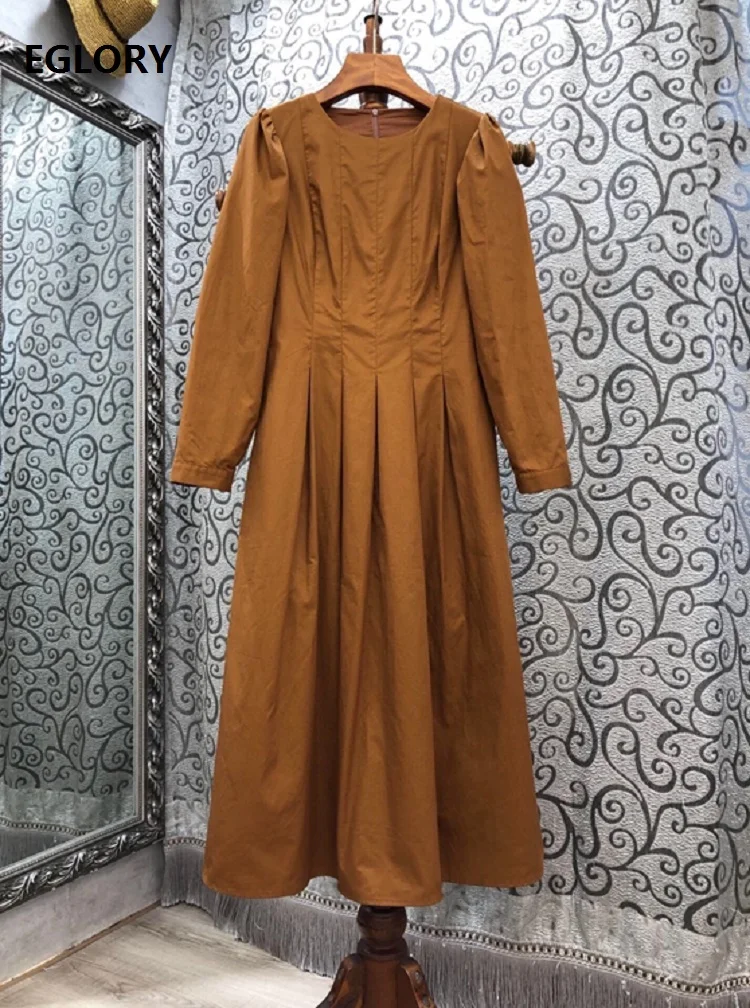 

100%Cotton Dress 2020 Autumn Runway Style Women Slim Fitted Long Sleeve Mid-Calf Length Casual Solid Dress White Brown Black XL