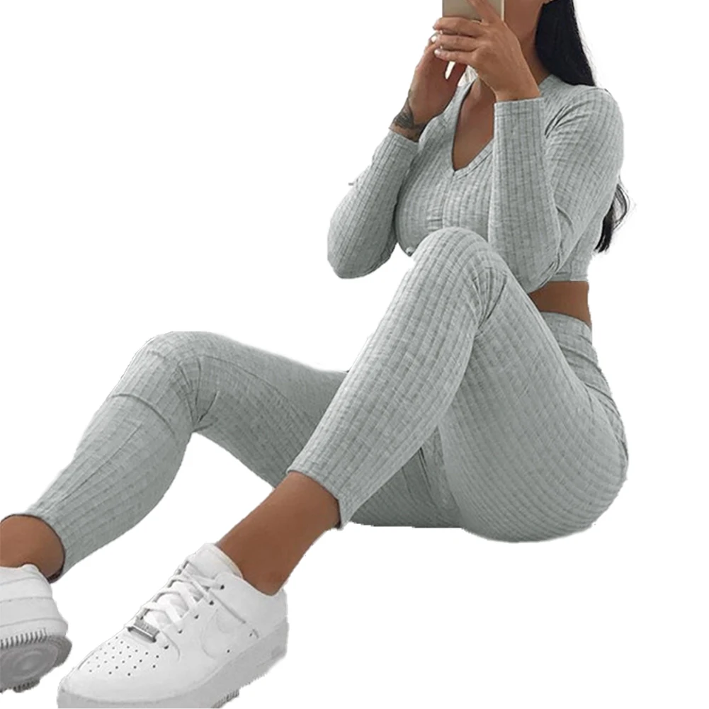 

Womens Leisure Suit, Deep V-Neck Drawstring Crop Top + Skinny Pants Solid Set for Sports, Daily Wear, Photograph, Grey