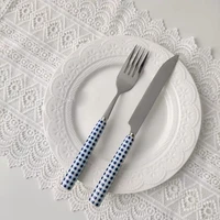 korean style lattice pottery and porcelain handle knife fork spoon set contracted little pure and fresh girl picnic photograph