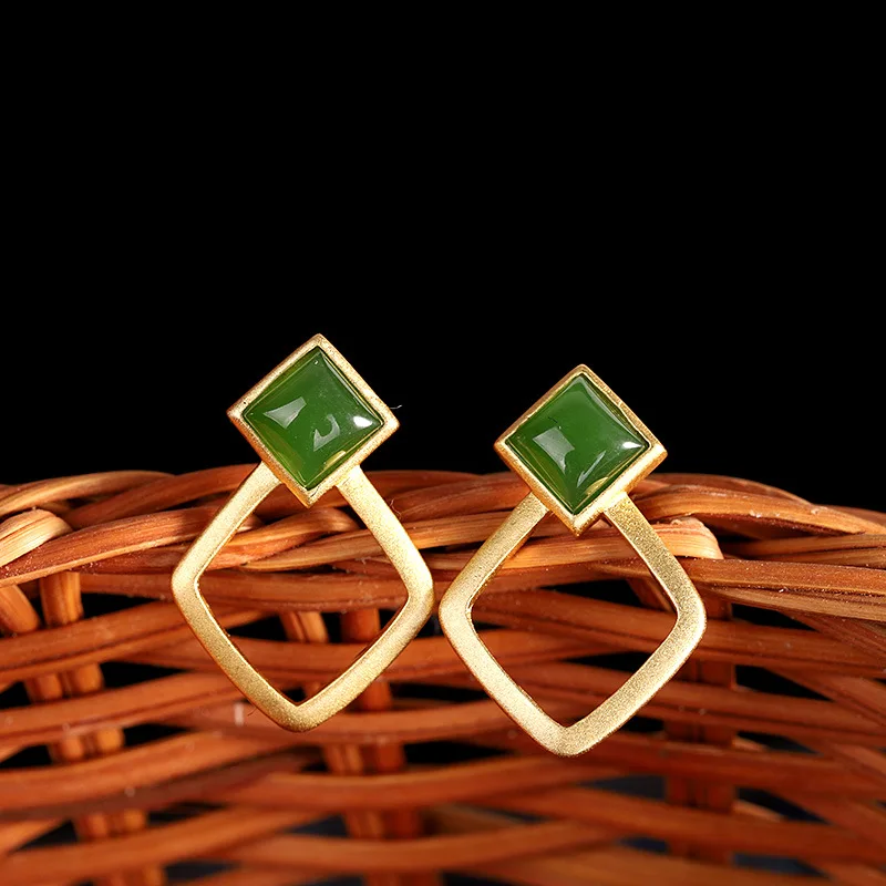 

New Women's Elegant Korean-Style Cool All-match S925 Silver Gold-Plated Hetian Jasper Ear Stud