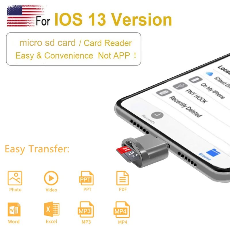 Адаптер для мобильного телефон Lightnin * в micro SD конвертер 3. 0 iPhon 7 8 6s Plus 11 Max XS XR OTG iOS 13 TF