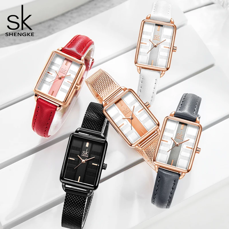 

SHENGKE Top Brand Women Casual Watches Unique Retro Rectangle Black Minimalism Female Quartz Wristwatch Stainless Steel Strap