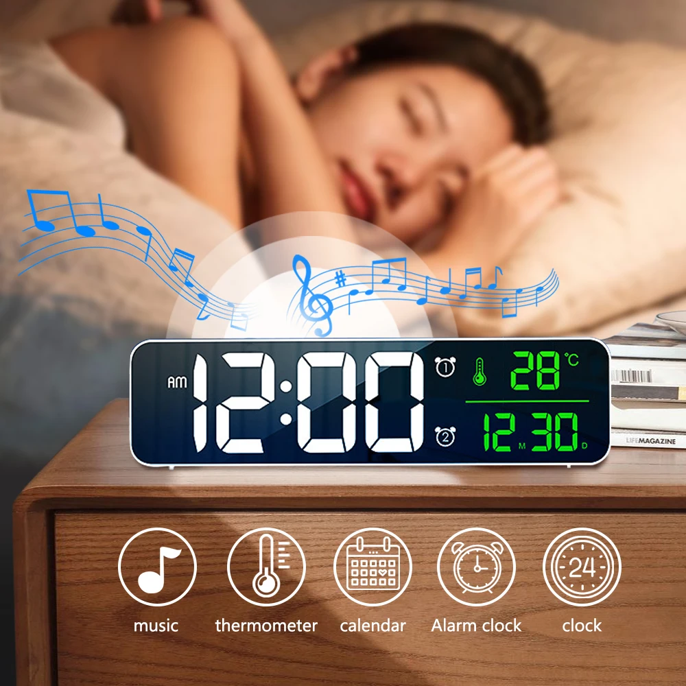

Светодиодный цифровой будильник, часы, музыкальный будильник для спальни, Настольные Цифровые зеркальные часы, украшение для дома