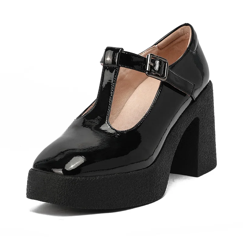 

College Shoes Platform Black High Heels Shoes Women Pumps Fashion Patent Leather Platform Shoes Woman Round Toe Mary Jane Shoes