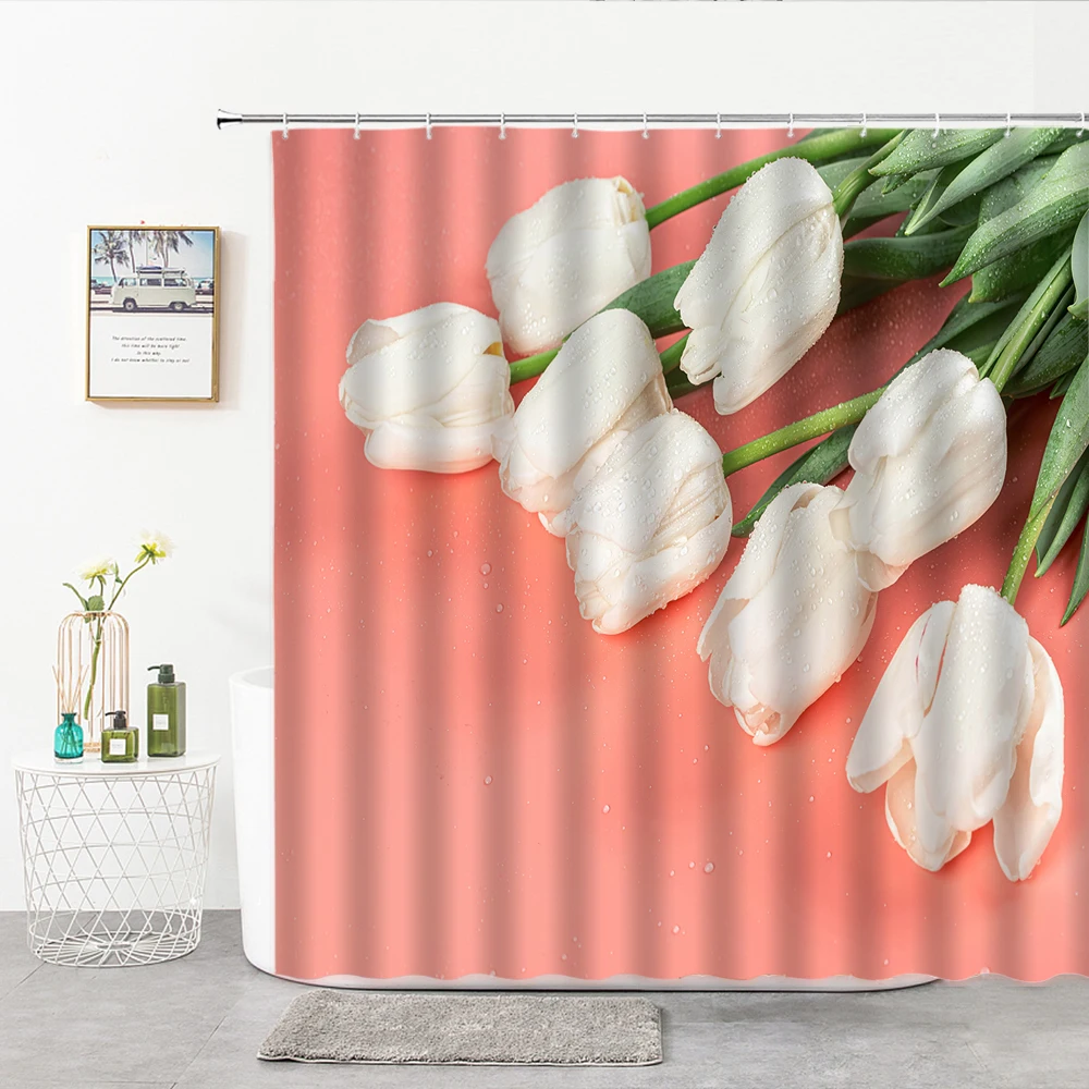 

Flowers Shower Curtain Stone Background Kitchen Living Room Bedroom Bathroom Decor Curtains 3D With Hook Bath Things For Home