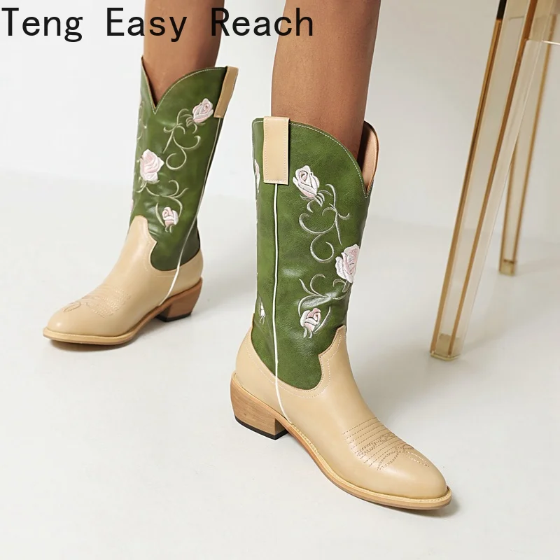 

Vintage Cowboy Boots Low Heel Autumn Winter Women Shoes British Embroidered Design Western Mid-calf Boots Party Femmes Bottes 41