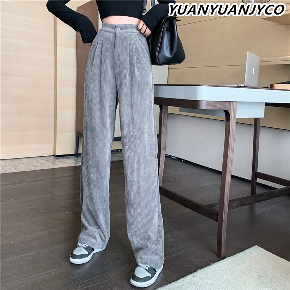 

YUANYUANJYCO Korean Fashion High Waist Corduroy Wide Leg Pants Women Autumn Spring Casual Vintage Loose Black Grey Trousers