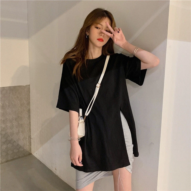 

Cotton Basic Women T Shirt Split Korean Style Female Loose Top T Shirt Women Aesthetic Clothing Oversized T Shirt White Shirts