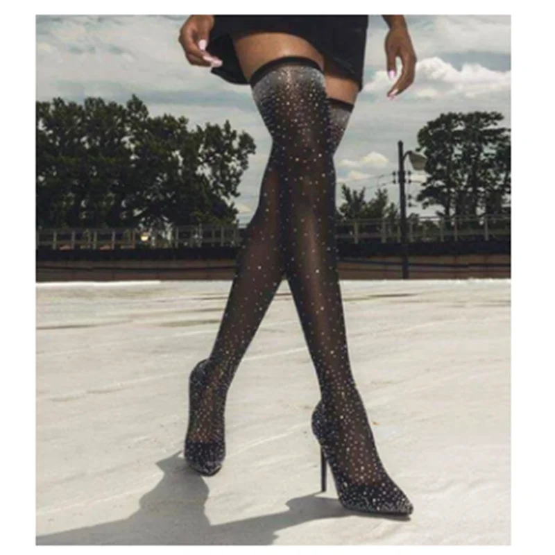 

Moraima Snc Crystal Stretch Fabric Sock Boots Pointed Toe Over the Knee High Heel Thigh High Boots Sexy Bling Bling Woman Boots