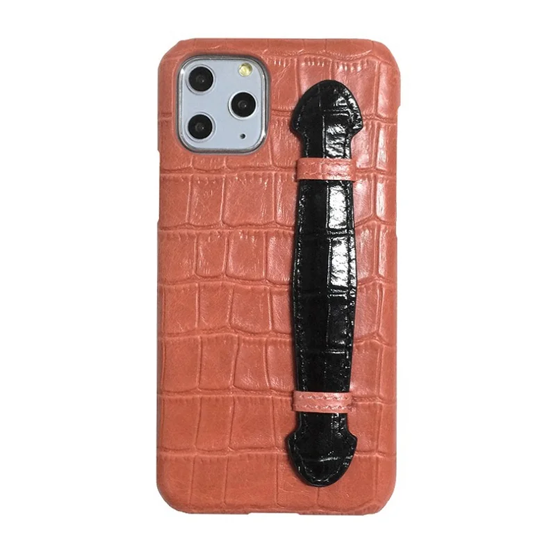 

Luxury Genuine Leather Holder Case For iPhone 11 Pro Max 11Pro Black Finger Handle Strap Phone Cover Cute Crocodile Dural Color