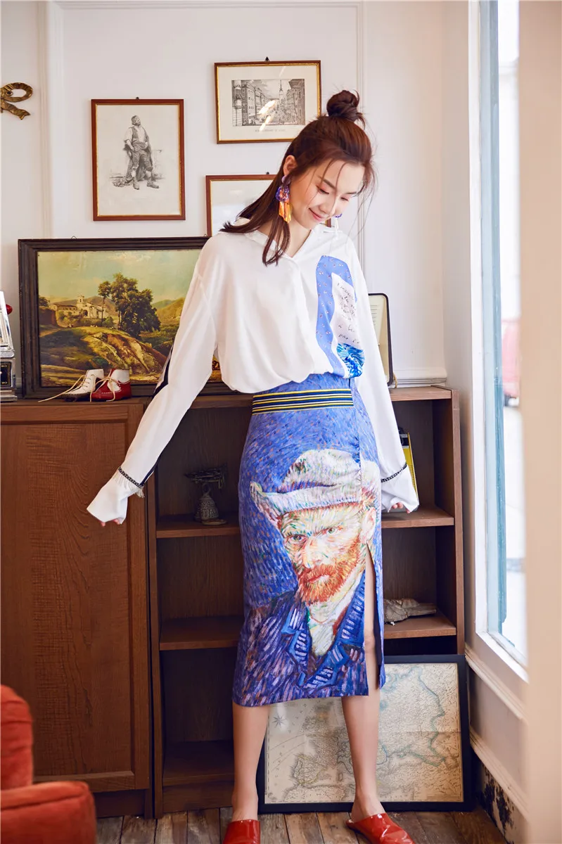 

Midi Split Skirt Open Crotch Ladies Skirts Gogh Print Bodycon Long Skirt Women Vintage High Waist