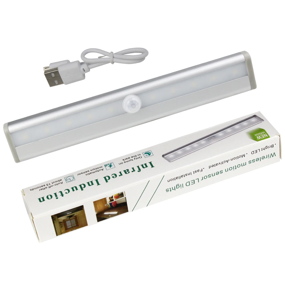 10 светодиодный s USB Сенсор лампа Перезаряжаемые движения под шкаф светильник