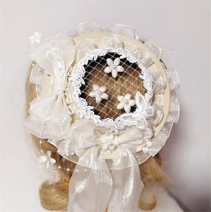 Бежевая шапка в стиле &quotЛолита&quot плоская шляпа кружевной бант Цветочная