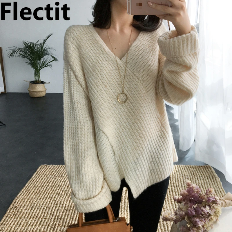 

Flectit женщин заявление свитер с широкими рукавами и v-образным вырезом спереди уютный трикотажный пуловер Джемпер осень-зима *