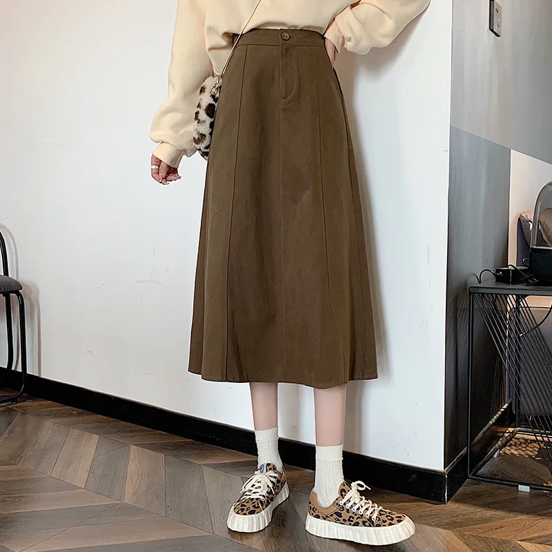 

Autumn Korean 2021 New Niche Design Sense Splicing Versatile High Waist Thin Women's A-word Medium Length Skirt